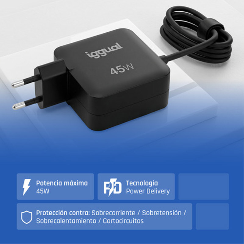 Cargador USB iggual IGG321270 USB-C Power Delivery 45W 1.8m Negro