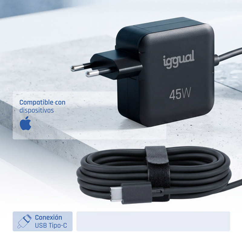 Cargador USB iggual IGG321270 USB-C Power Delivery 45W 1.8m Negro