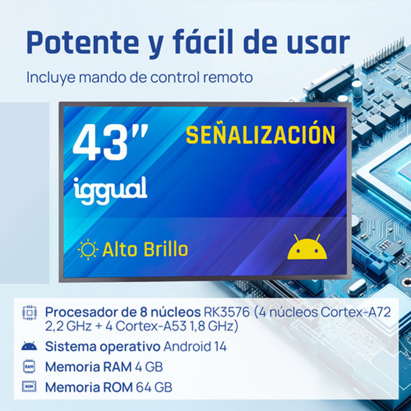 Pantalla iggual IGG321157 De Señalización 43 pulgadas 4K UHD 4GB 64GB Wi-Fi Android 14