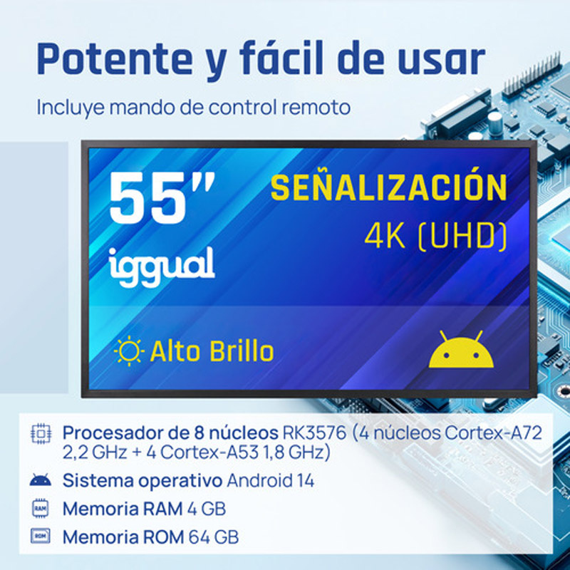 Pantalla iggual IGG321140 De Señalización 55 pulgadas 4K UHD 4GB 64GB Wi-Fi Android 14