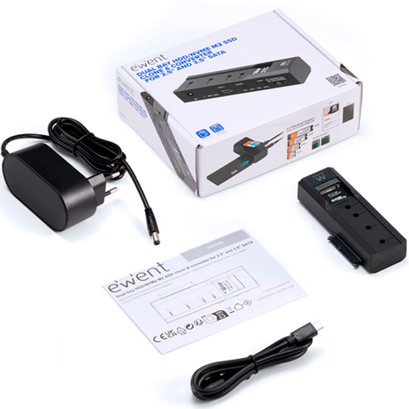Estación Acoplamiento Ewent EW7065 Clonador Para Discos Duros SATA 2.5 3.5 Y SSD M.2 NVMe USB 3.2 Gen2