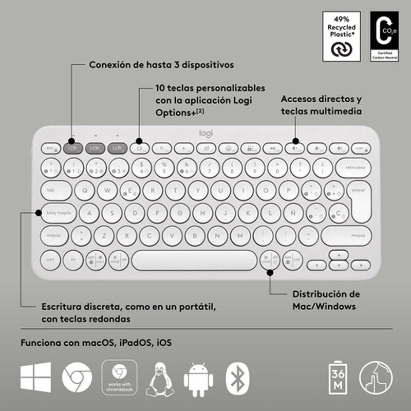 Teclado Logitech Pebble Keys 2 K380s Bluetooth Blanco