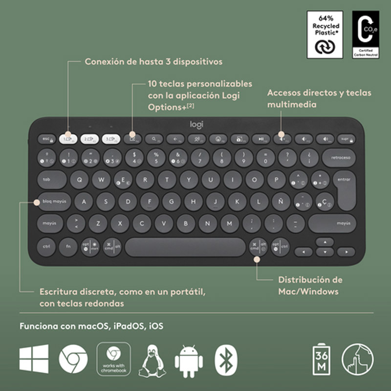 Teclado Logitech Pebble Keys 2 K380s Bluetooth Grafito