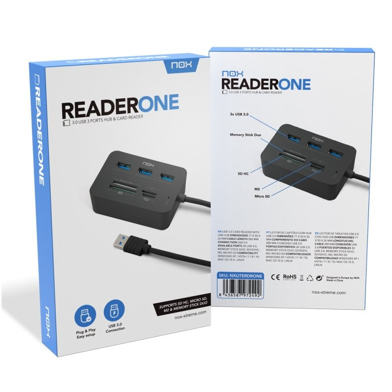 Lector de Tarjetas Nox Lite Reader One Y Hub 3 Puertos USB 3.0 Cable 28 cm