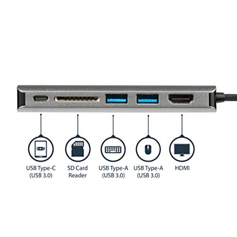 StarTech Multipuertos USB Tipo C a HDMI 4K - Lector SD - 2xA 1xC - PD 3.0 - Adaptador