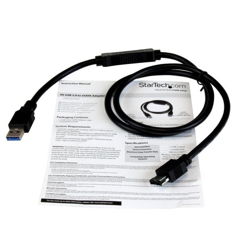 Startech USB3S2ESATA3 Adaptador USB 3.0/eSATA Disco Duro SSD 91cm Negro - Cable USB