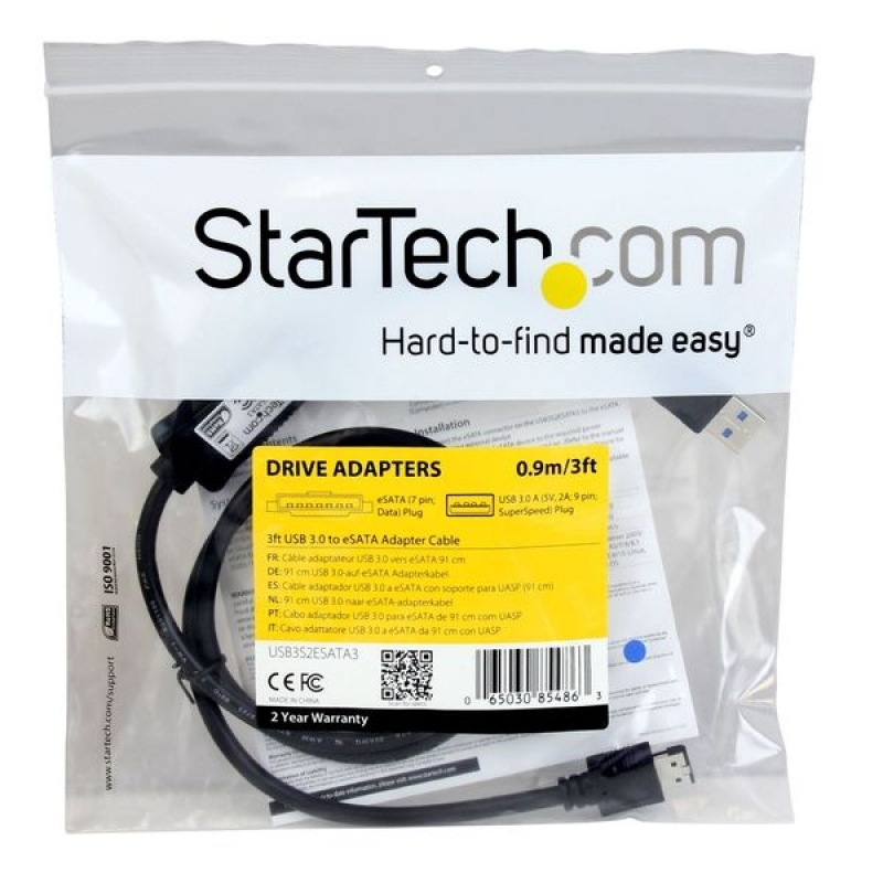 Startech USB3S2ESATA3 Adaptador USB 3.0/eSATA Disco Duro SSD 91cm Negro - Cable USB