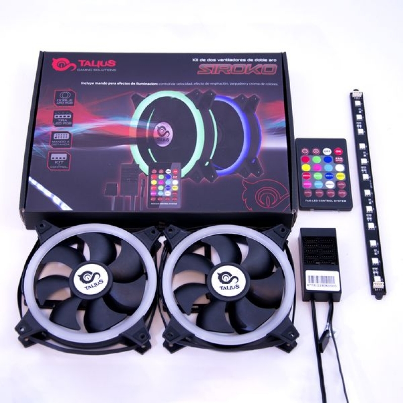 Talius Siroko Twin Pack Doble Aro RGB + Tira LED + Control Remote - Ventilador 12 cm